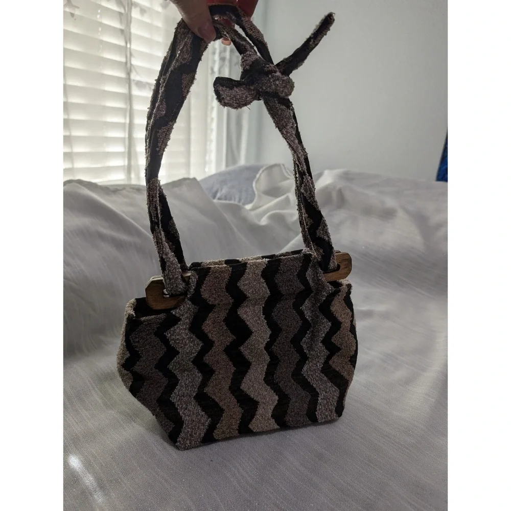 Vintage Tapestry Handbag Wooden Handles Small Boho Purse Lined W/Pockets‎ Retro